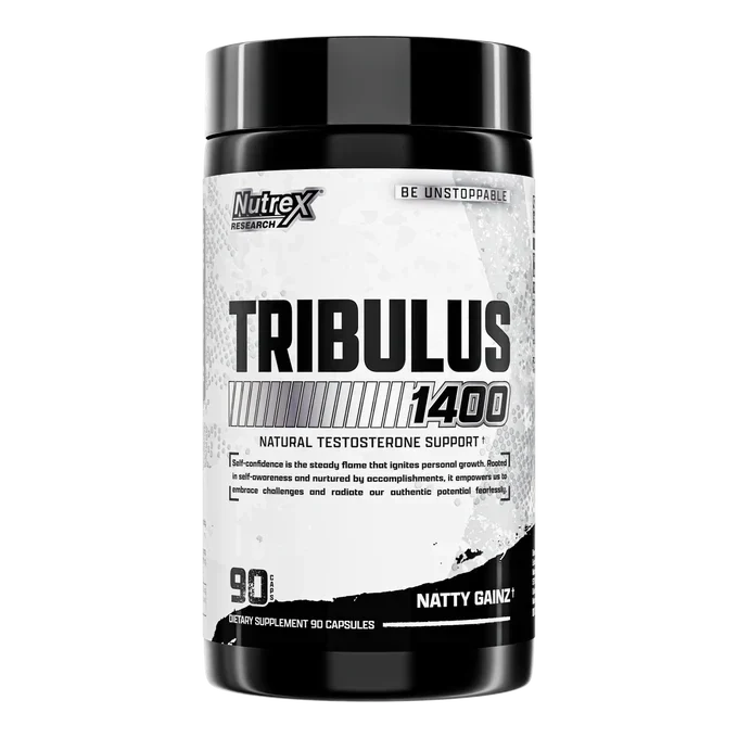 A bottle of Nutrex Research Tribulus 1400 dietary supplement, featuring a black and white label with bold text, on a plain white background.