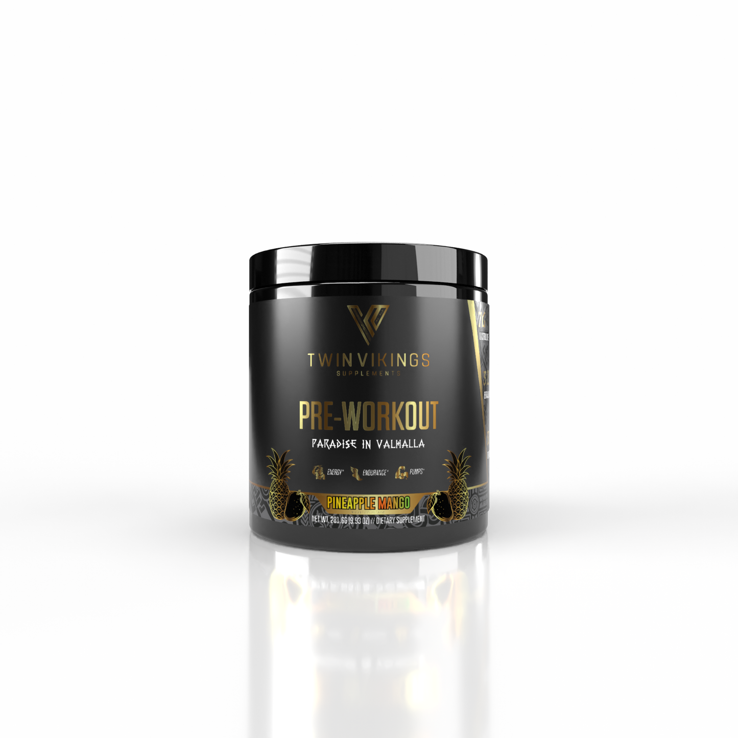 A black plastic tub of Twin Vikings Nutrition Pre-Workout in Pineapple Mango flavor, featuring gold and white text and pineapple illustrations on the label, set against a clean white background with a soft reflection below.