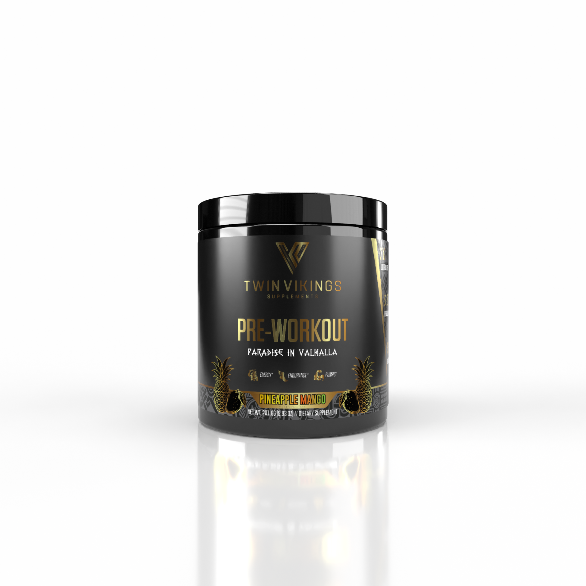 A black plastic tub of Twin Vikings Nutrition Pre-Workout in Pineapple Mango flavor, featuring gold and white text and pineapple illustrations on the label, set against a clean white background with a soft reflection below.