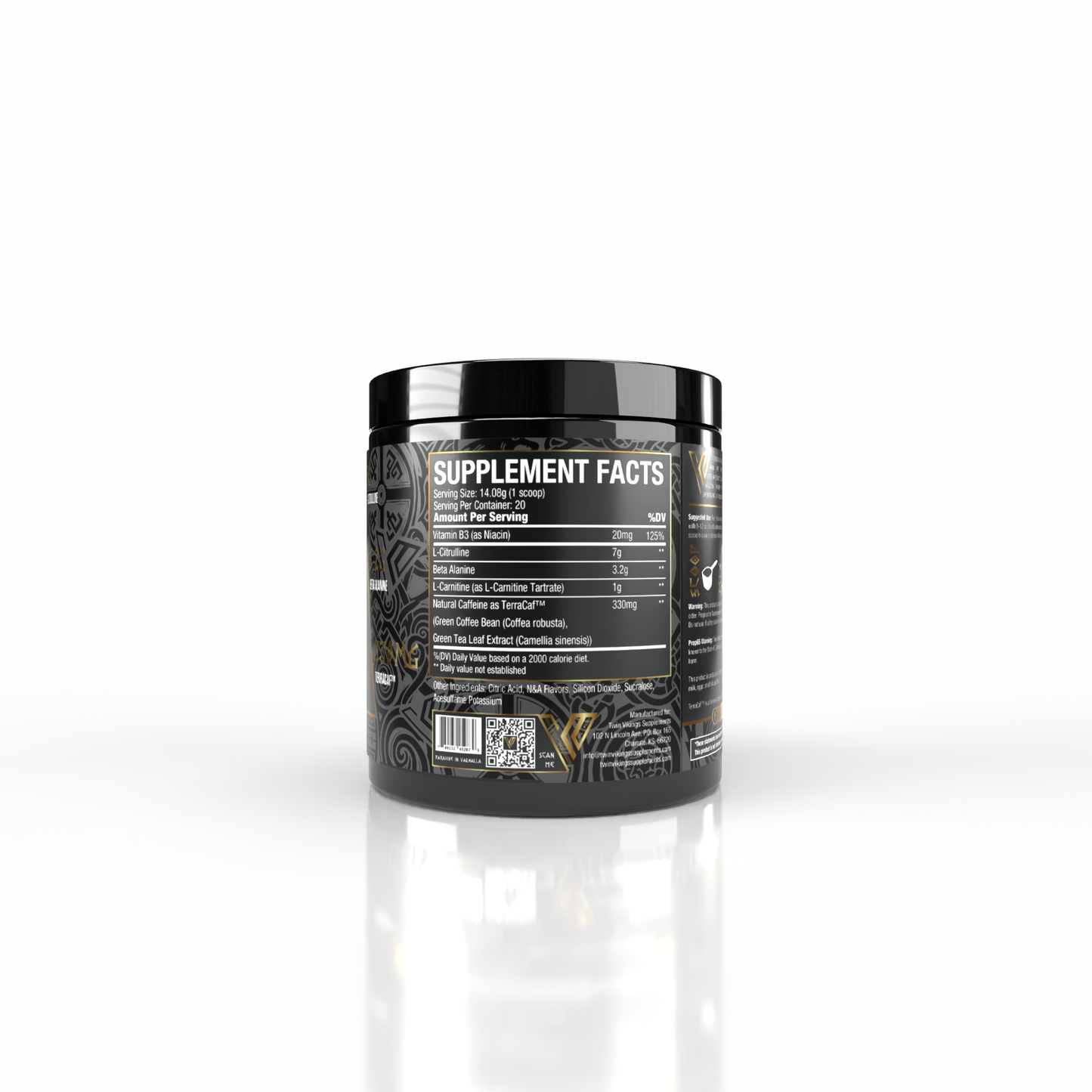 A black plastic tub of a dietary supplement, shown from the back to display the Supplement Facts label. The label is white with black text and features a dark, abstract graphic pattern on the sides.