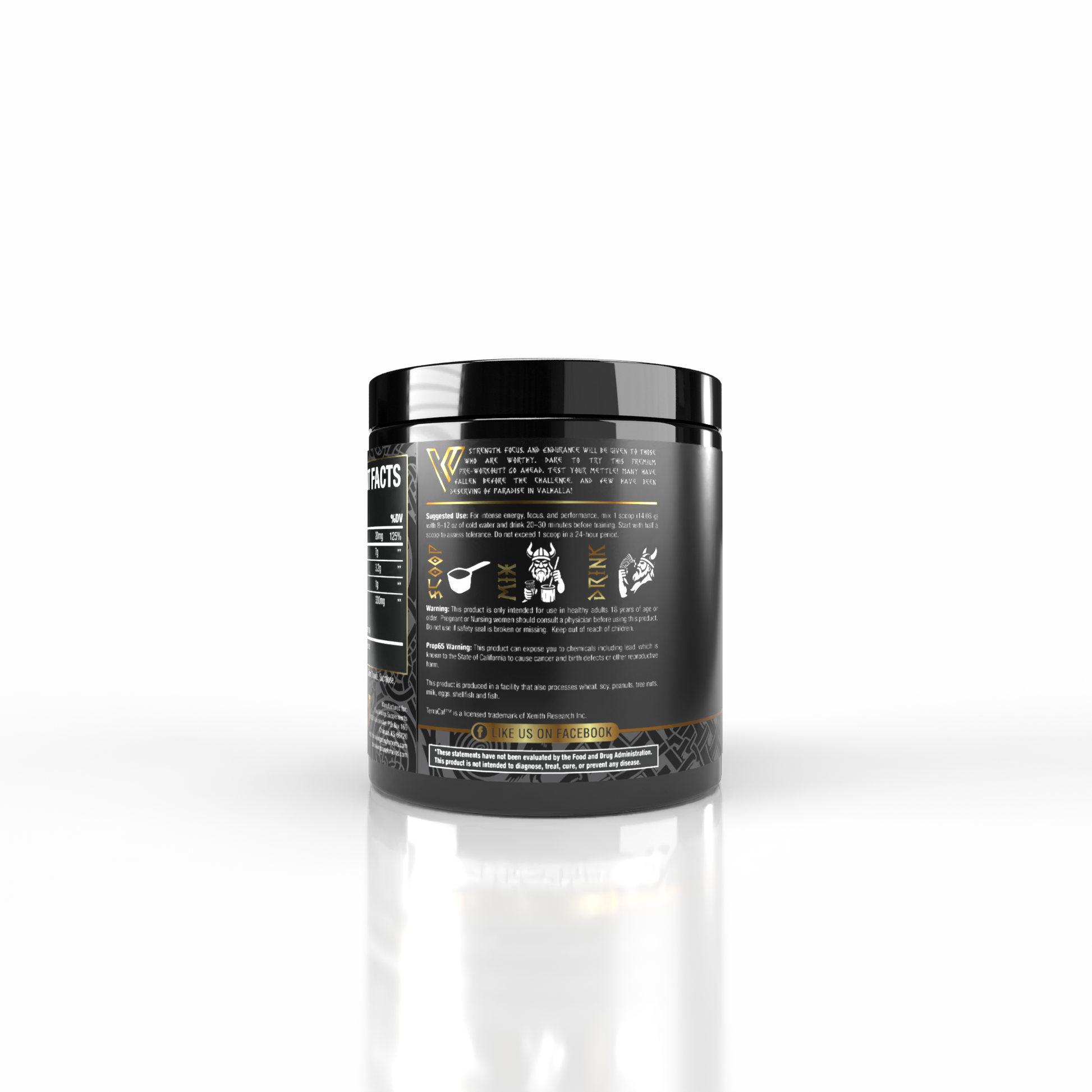A black supplement tub with a black lid, showing the back label with white text and small gold accents, photographed on a clean white background with a soft reflection below.