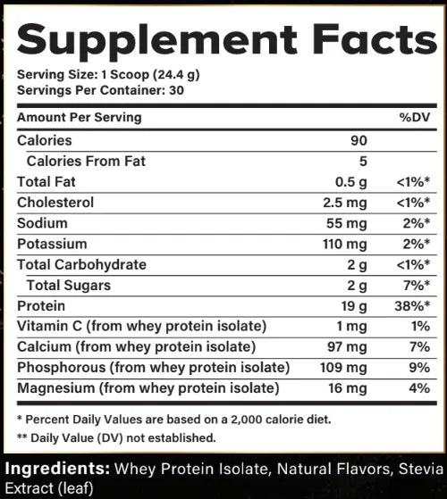 Supplement facts label for a protein product with nutritional information and ingredients listed.