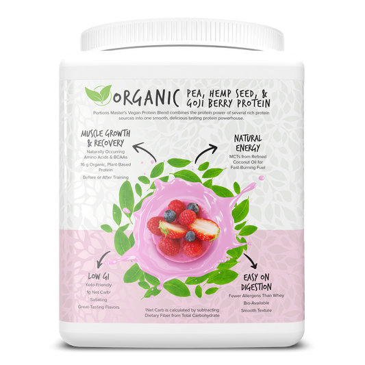 Protein powder container with berry illustration on a white background