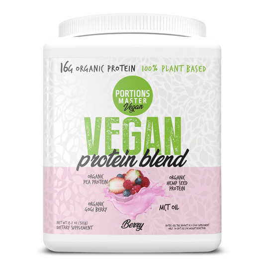 Vegan protein blend container with berry flavor on a white background