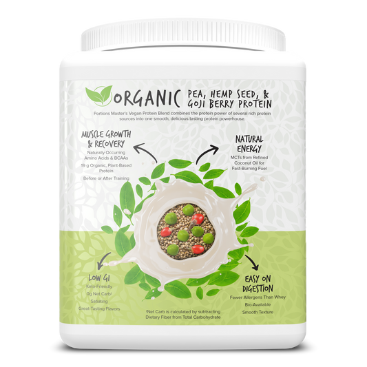 Protein powder container with green and white design on a white background