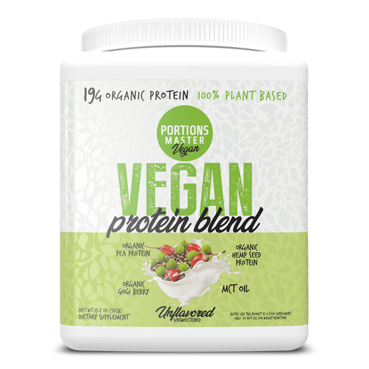 Vegan protein blend container with green and white design on a white background