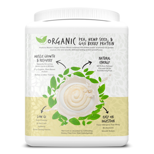 Protein powder container with green and white design on a white background