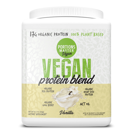 Vegan protein blend container with vanilla flavor on a white background