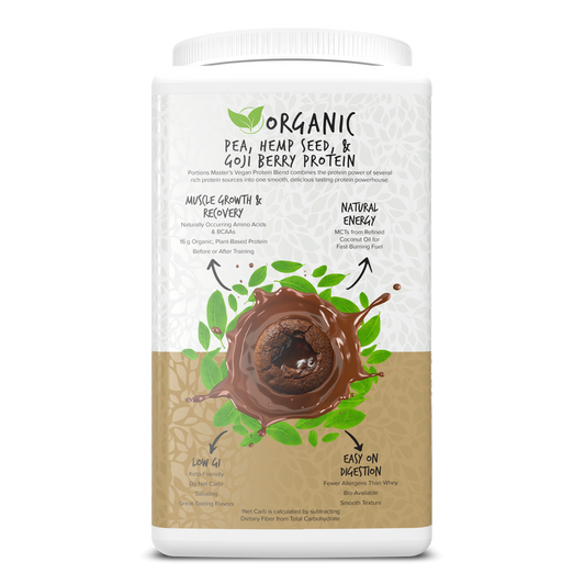 Container of organic pea, hemp seed, and goji berry protein on a white background