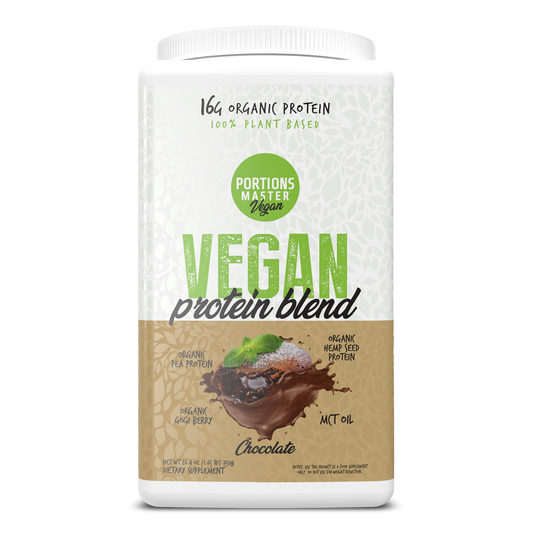 Vegan protein blend container with chocolate flavor on a white background