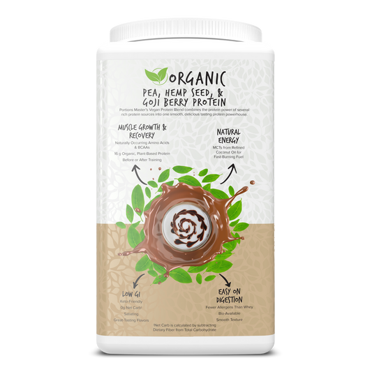 Protein powder container with label on a white background