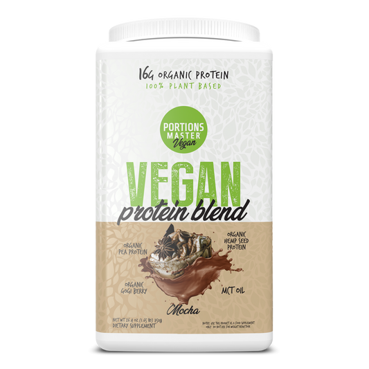 Vegan protein blend container with 'Portions Master' branding on a white background