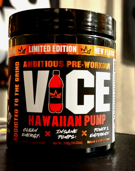 Vice Hawaiian Pump pre-workout supplement container on a dark surface