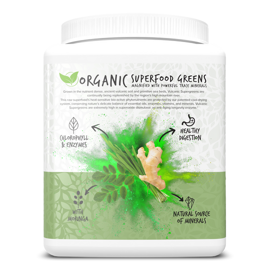 Container of Organic Superfood Greens with green and white design