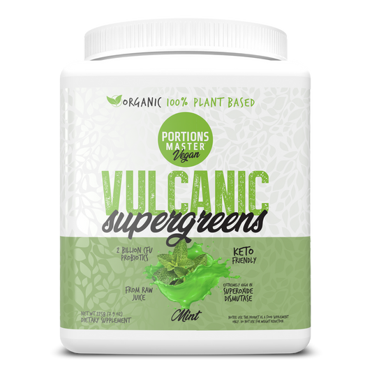 Vulcanic Supergreens supplement container with green and white label on a white background