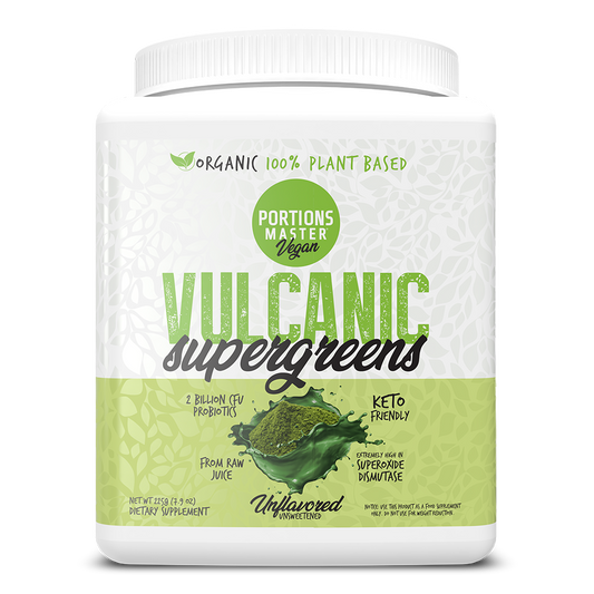 Vulcanic Supergreens supplement container with green and white label on a white background