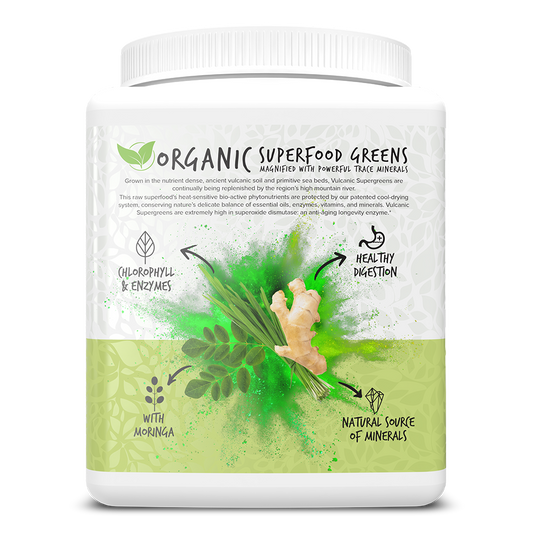 Container of organic superfood greens with green and white design