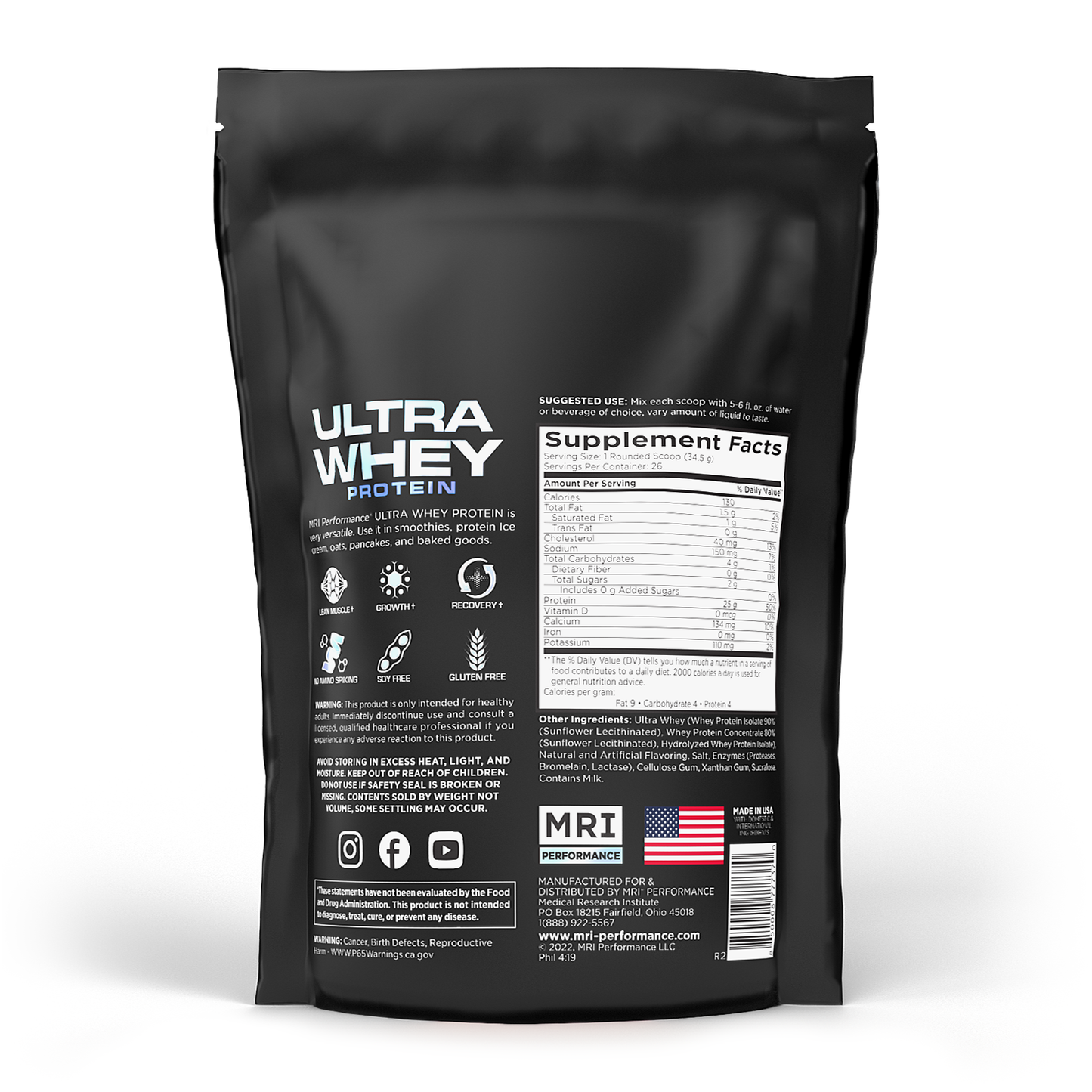 Black package of Ultra Whey Protein with supplement facts label on a white background