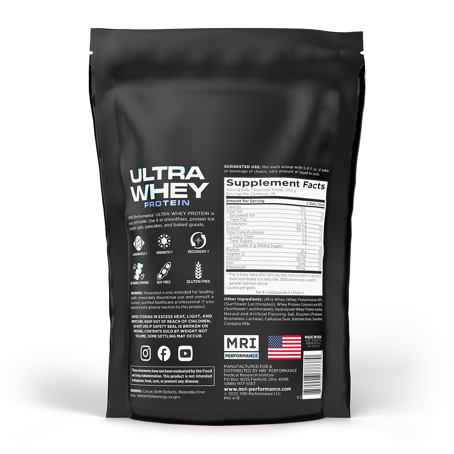 Black package of Ultra Whey Protein with supplement facts label on a white background