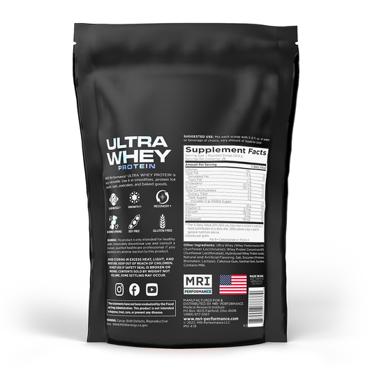 Black package of Ultra Whey Protein with supplement facts label on a white background