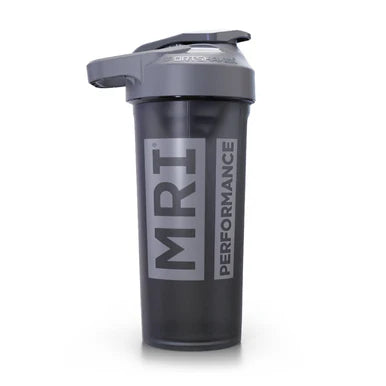 A dark gray and black shaker bottle with a matching gray lid, featuring the 'MRI PERFORMANCE' logo printed vertically on the front, set against a plain white background.
