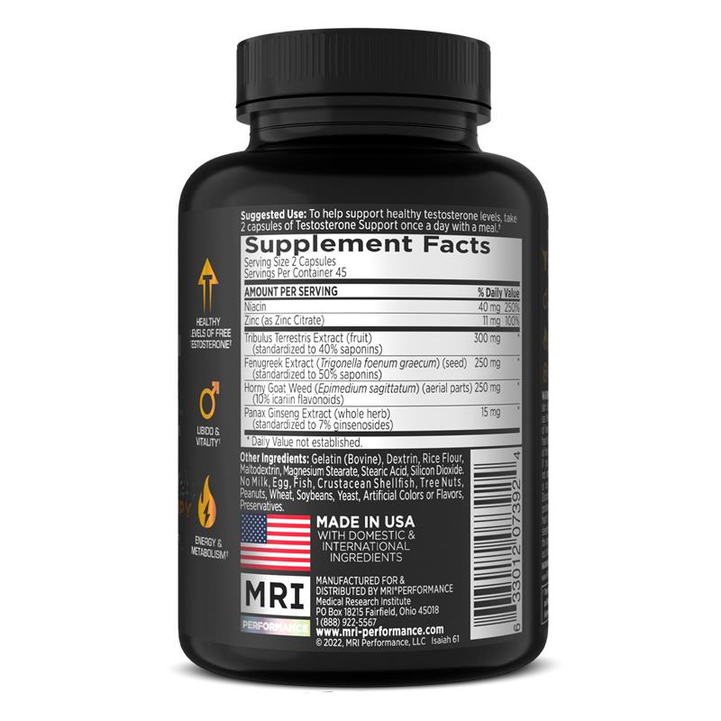 A black supplement bottle shown from the back, featuring a white Supplement Facts label with text, a barcode, an American flag, and the MRI brand logo on a clean white background.
