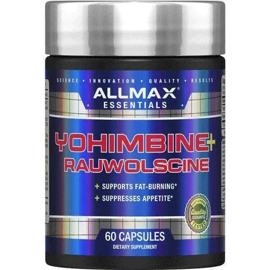 A bottle of Allmax Essentials Yohimbine + Rauwolscine dietary supplement, 60 capsules, featuring a metallic silver cap and a blue holographic label.