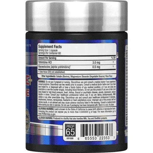 Back view of a black supplement bottle with a silver cap, showing the Supplement Facts label and barcode on a white background.