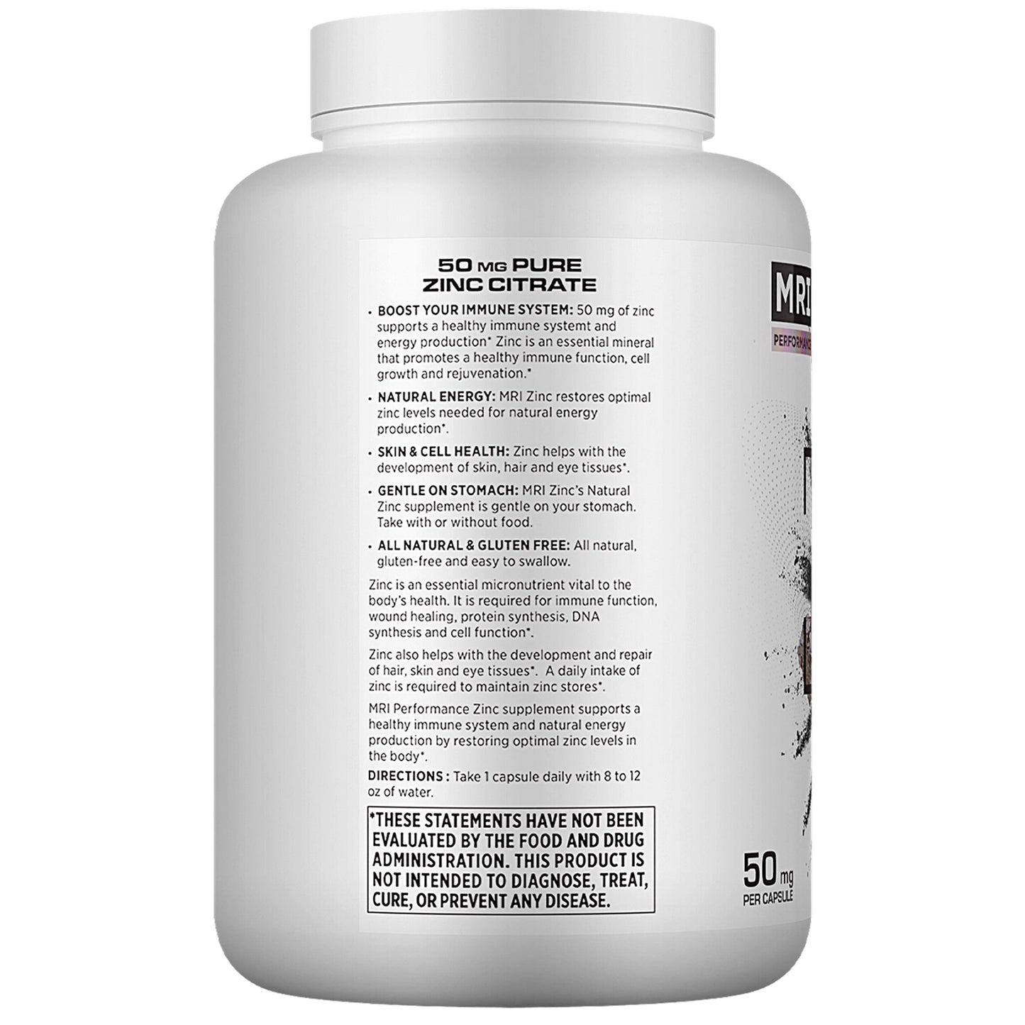 A white plastic bottle of Performance Labs 50 MG Pure Zinc Citrate dietary supplement, showing the back label with text and a black warning panel on a white background.
