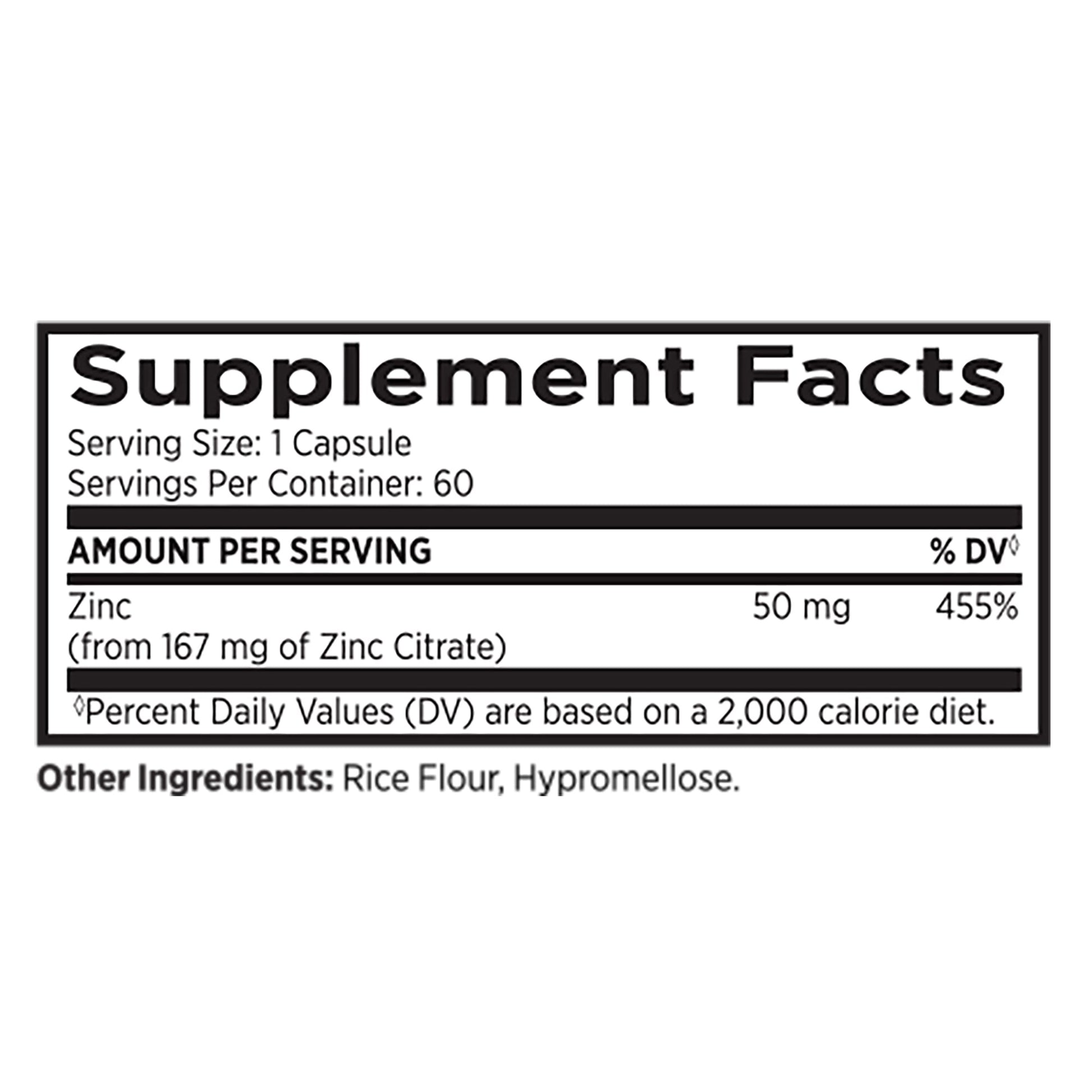 Supplement facts label with zinc content on a white background