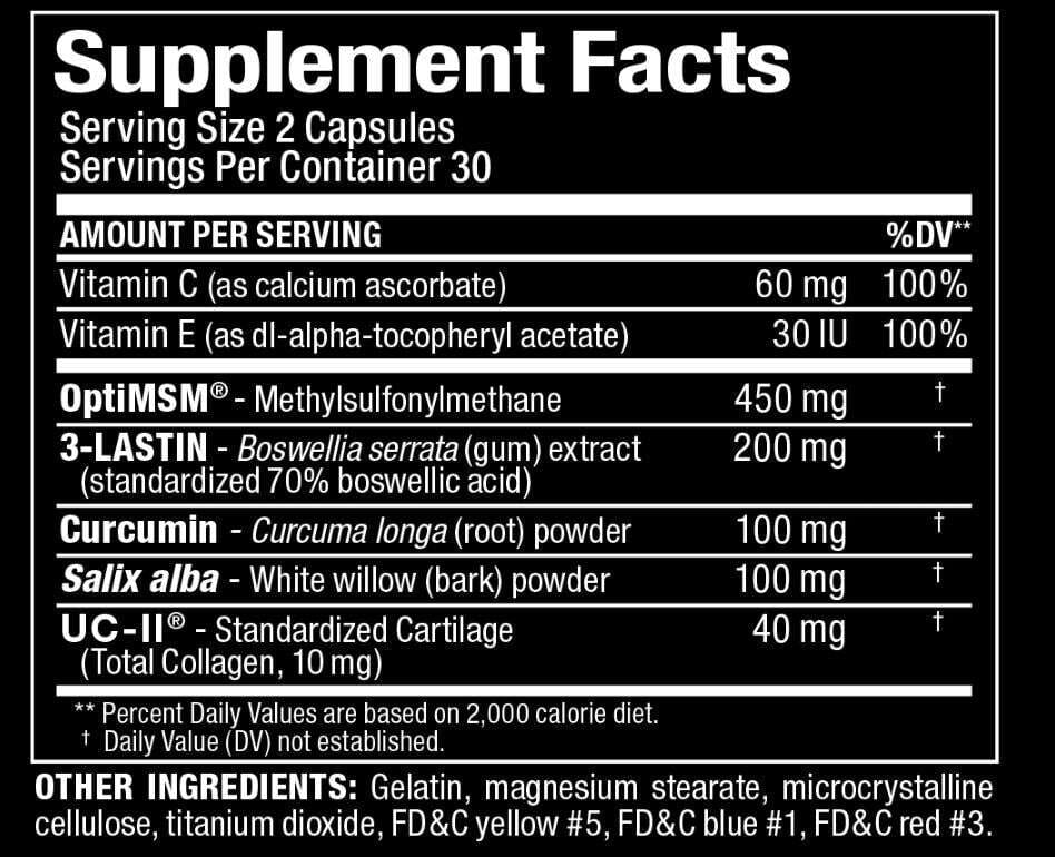 A black Supplement Facts label with white text listing ingredients and daily value information for a supplement containing Vitamin C, Vitamin E, OptiMSM, 3-Lastin, Curcumin, Salix alba, and UC-II.
