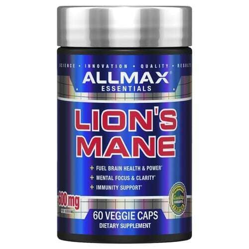 A bottle of Allmax Essentials Lion's Mane dietary supplement with a metallic silver cap and a blue label featuring red and white text.