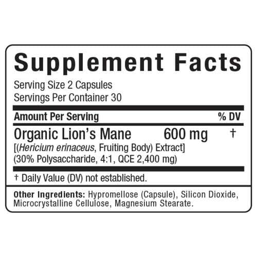 A close-up of a supplement facts label reading 'Supplement Facts' with 'Organic Lion's Mane 600 mg' and other ingredients listed on a white background.