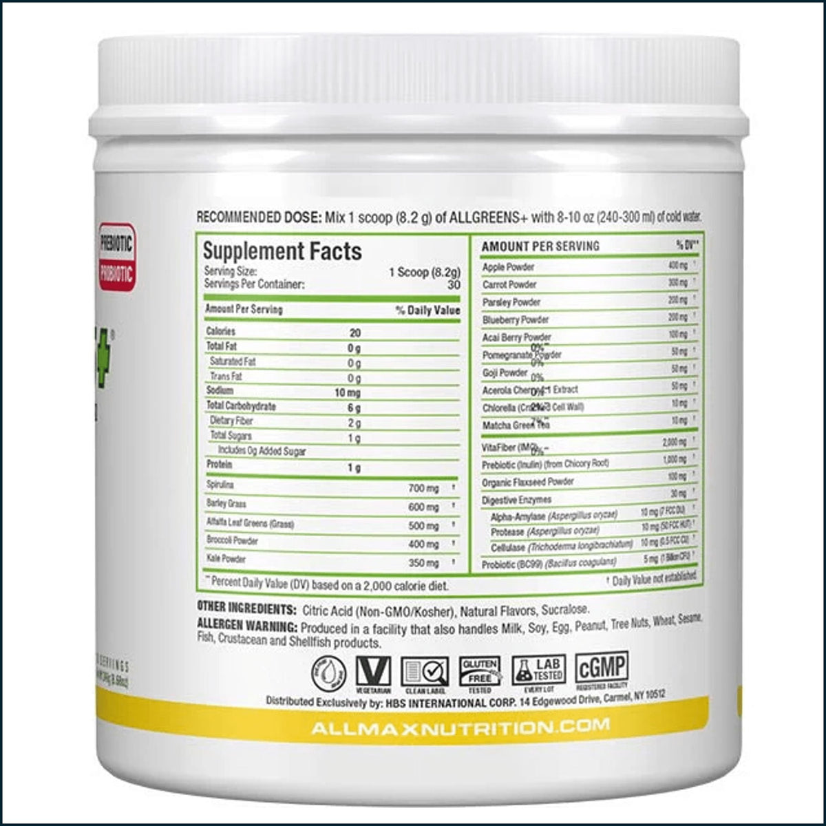 A white plastic tub of Allergy Nutrition Allergen Free Mix with a detailed supplement facts label on the back, set against a plain white background.