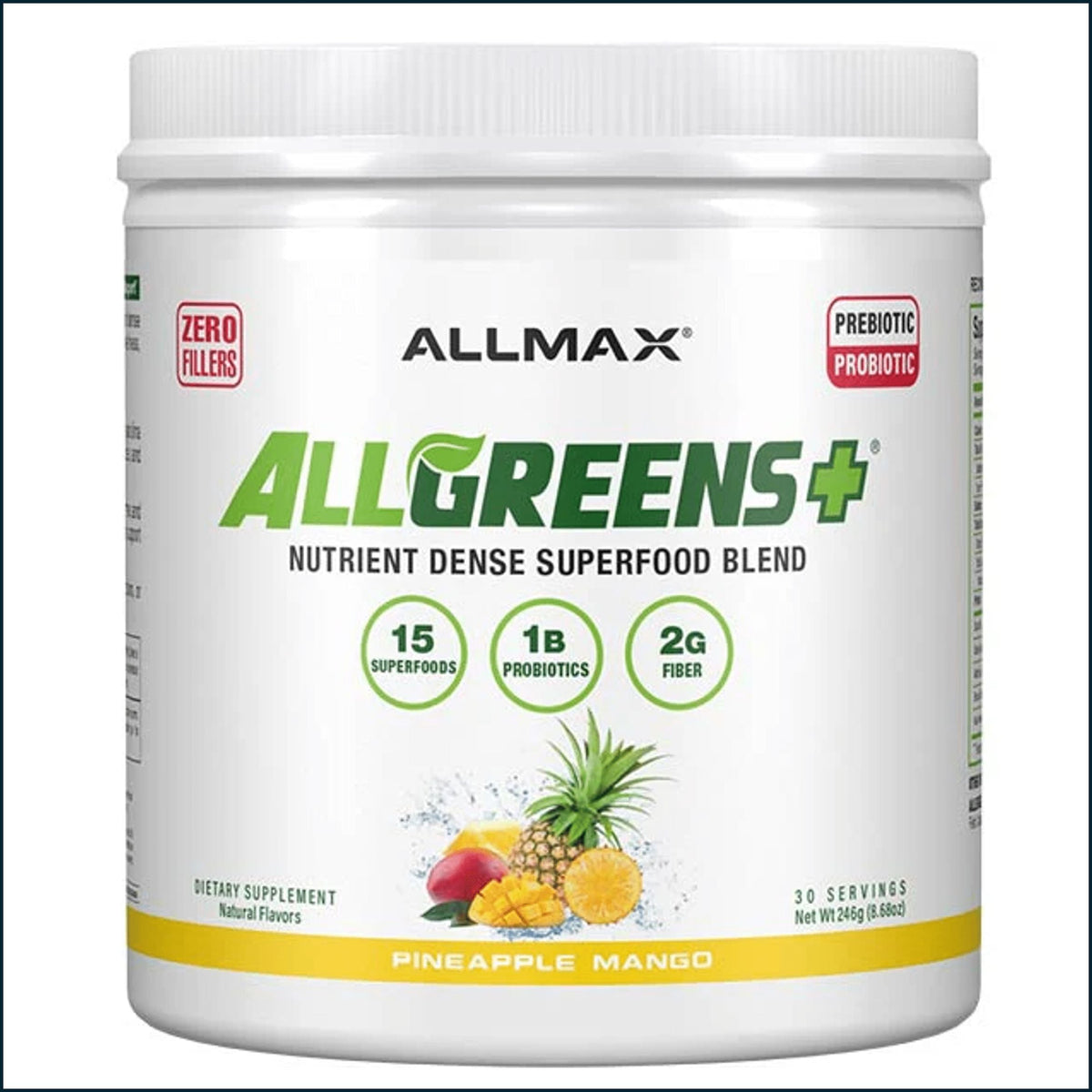 A white plastic tub of Allmax Allgreens+ Nutrient Dense Superfood Blend in Pineapple Mango flavor, featuring green and red text and a graphic of pineapple and mango on the front label.