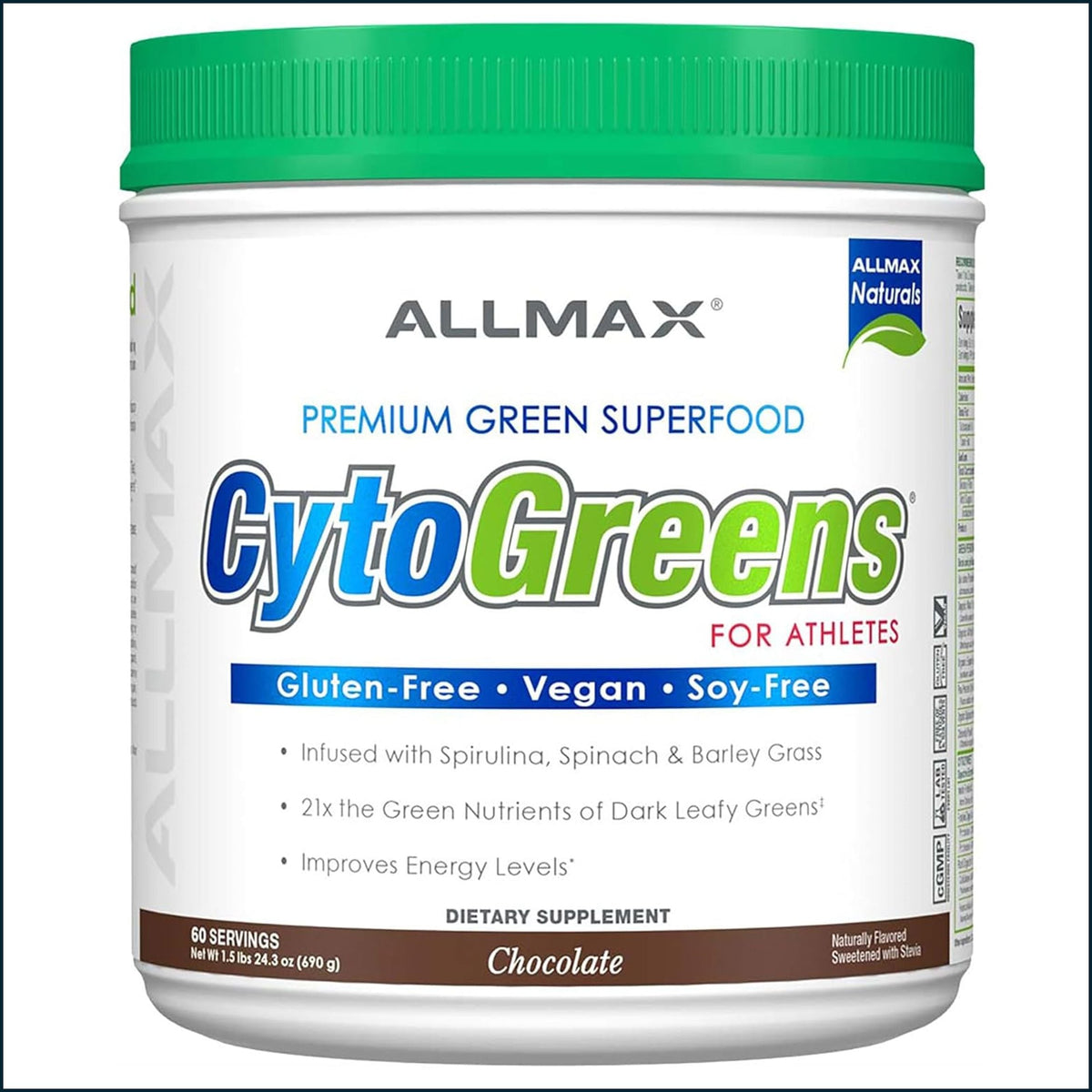 A white plastic tub of Allmax CytoGreens dietary supplement with a green lid, featuring a white label with blue and green text, on a white background.