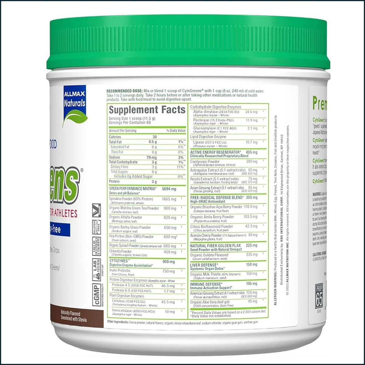 A white plastic tub of All Max Naturals Protein Powder with a green lid, showing the Supplement Facts label on the back side against a white background.