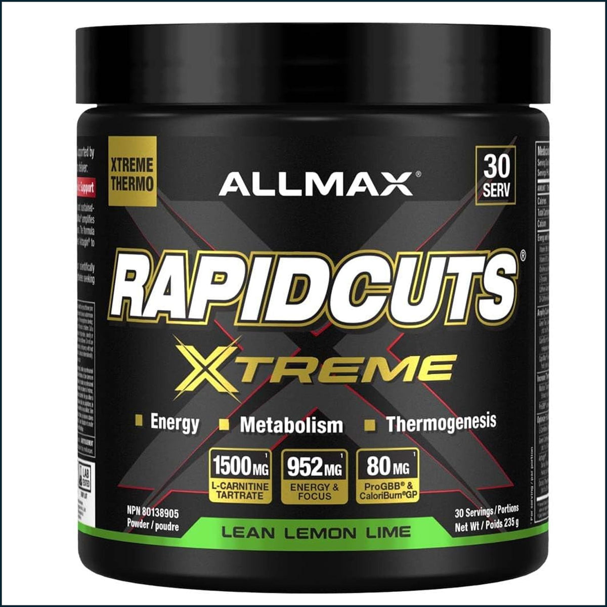 A black plastic tub of Allmax RapidCuts Xtreme powder in Lean Lemon Lime flavor, featuring a black label with white and gold lettering and red accents.