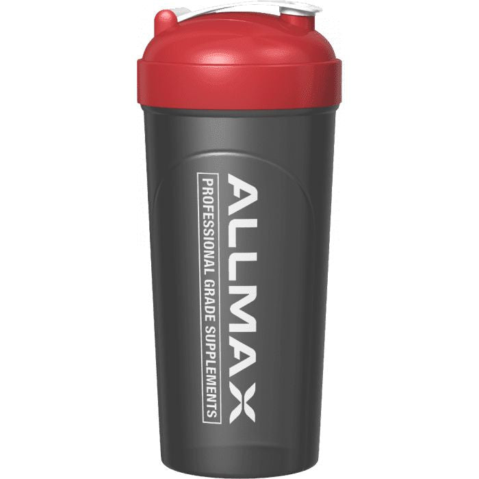 A black shaker bottle with a red lid and white vertical branding text reading 'ALLMAX PROFESSIONAL GRADE SUPPLEMENTS' on a plain white background.