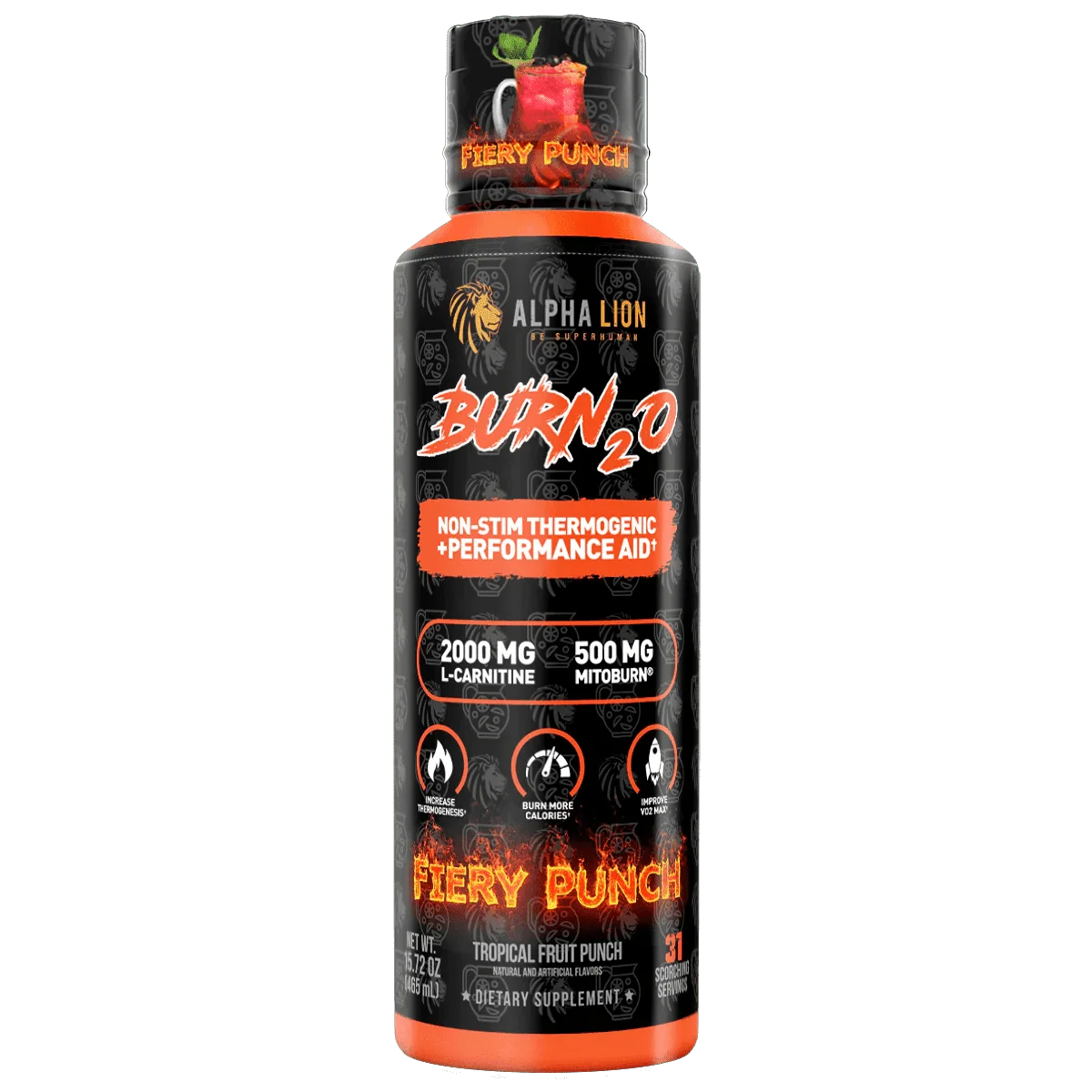 A bottle of Alpha Lion Performance Burn 20 dietary supplement in Fiery Punch flavor, featuring a black label with orange and white text and graphics.