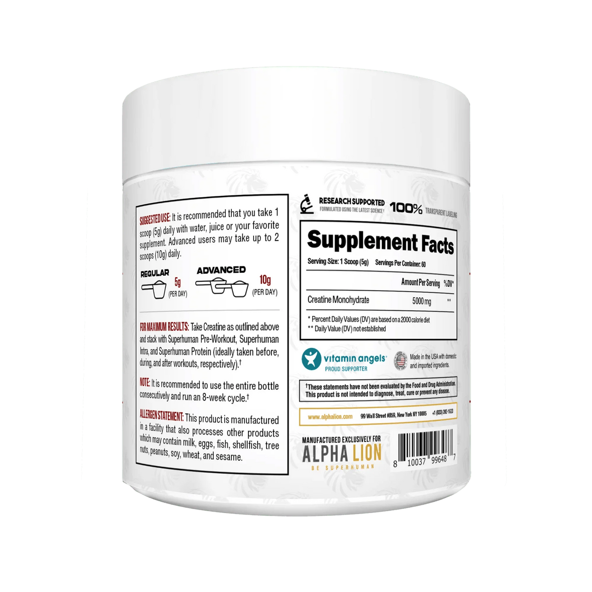 Alpha Lion Creatine Monohydrate – 5g Creatine, Unflavored, 60 Servings