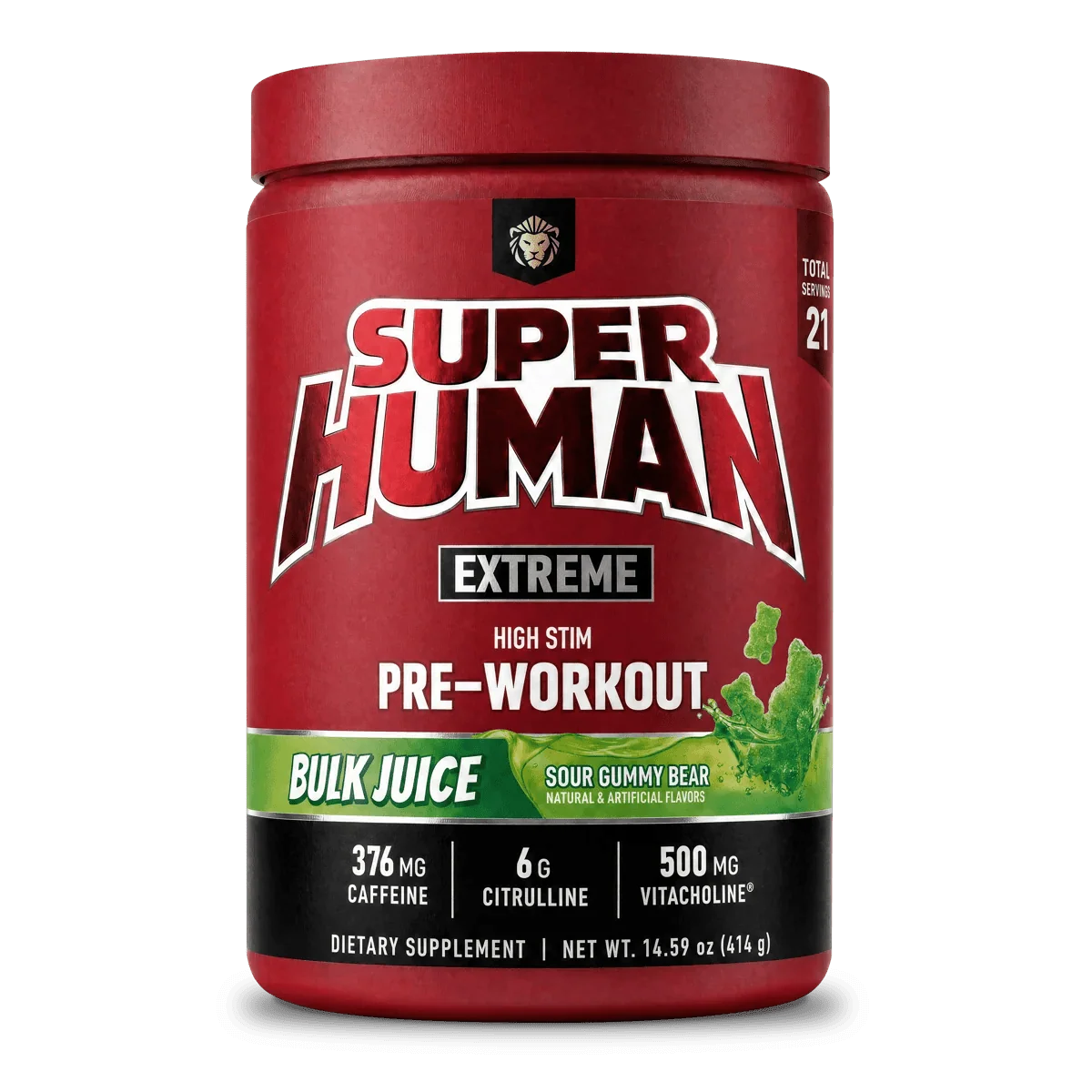 A red tub of Super Human Extreme Bulk Juice pre-workout dietary supplement on a solid dark green background. The label features bold white and black lettering with a green flavor banner indicating Sour Gummy Bear.