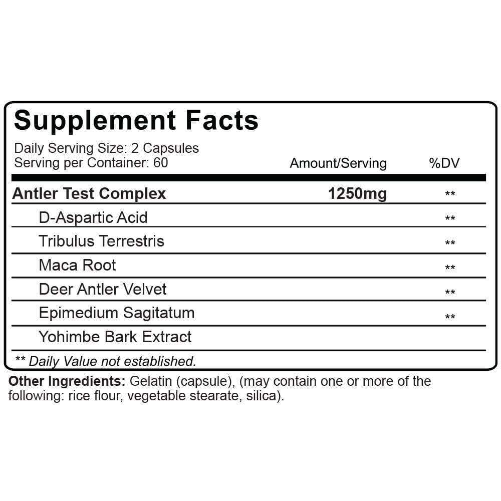 A supplement facts label showing the Supplement Facts panel for Antler Test Complex, listing ingredients such as D-Aspartic Acid, Tribulus Terrestris, Maca Root, Deer Antler Velvet, Epimedium Sagittatum, and Yohimbe Bark Extract.