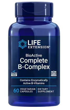 Blue supplement bottle labeled 'Life Extension BioActive Complete B-Complex' on a white background
