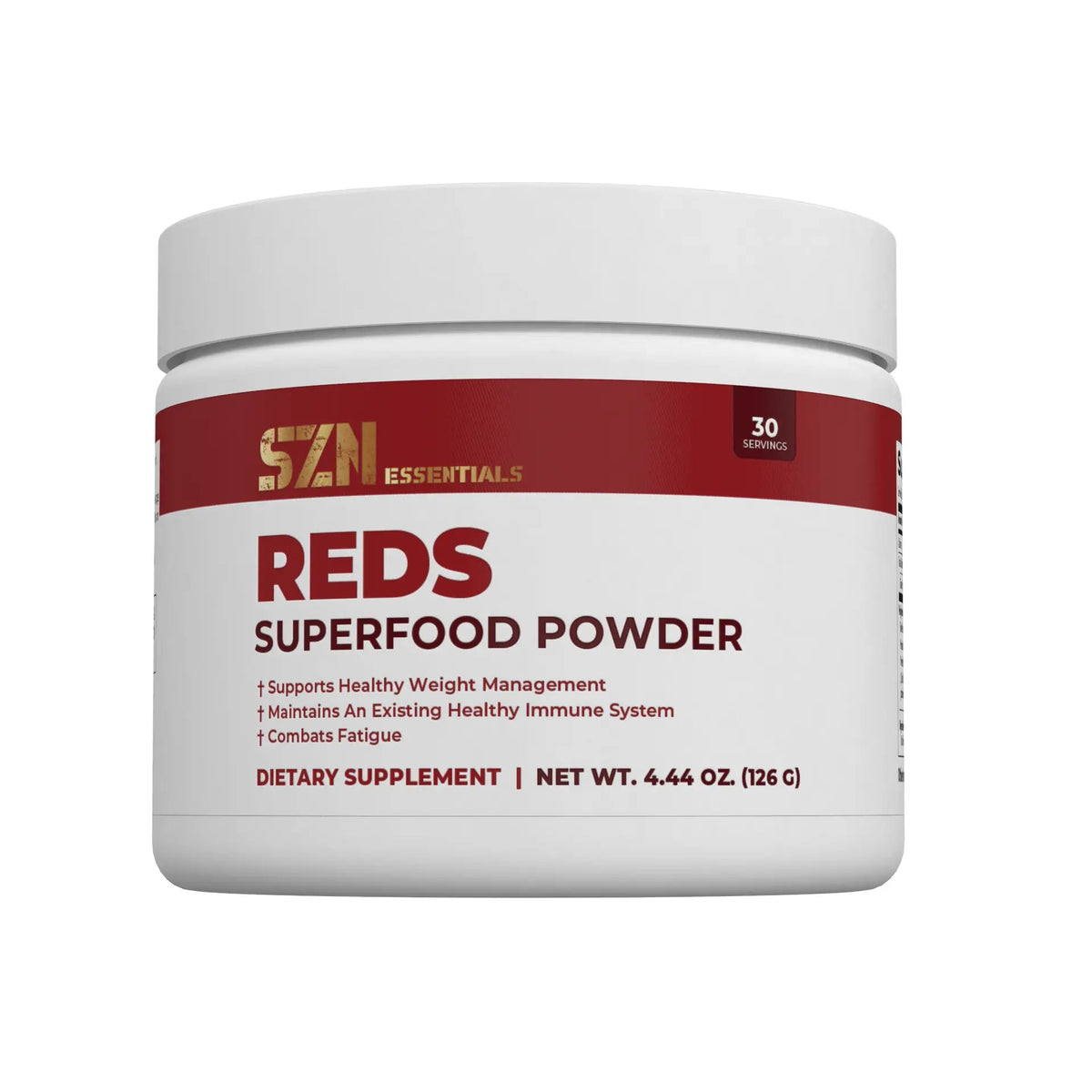 SZN Essentials REDS Superfood Powder container on a white background
