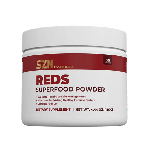 SZN Essentials REDS Superfood Powder container on a white background
