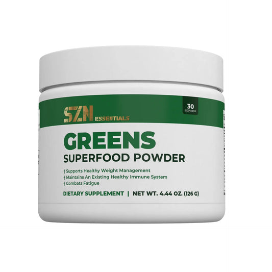 SZN Essentials Greens Superfood Powder container on a white background