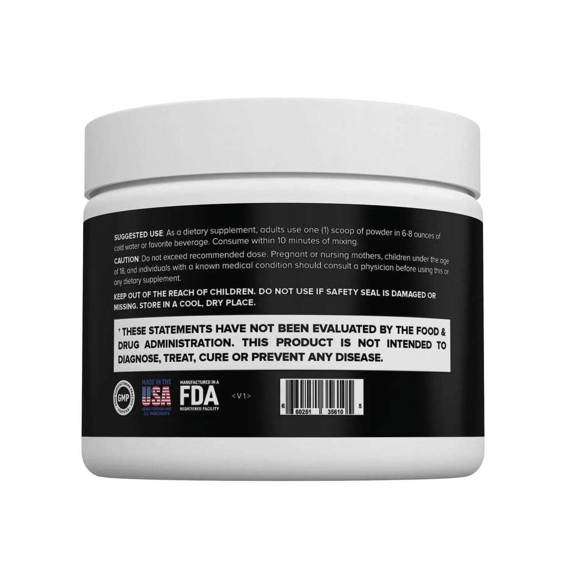 Back label of a supplement container with text and logos on a white background