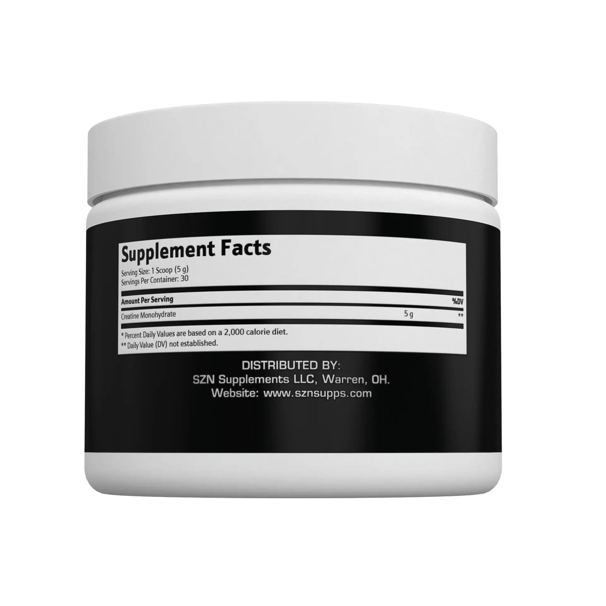 Supplement container with a black label on a white background