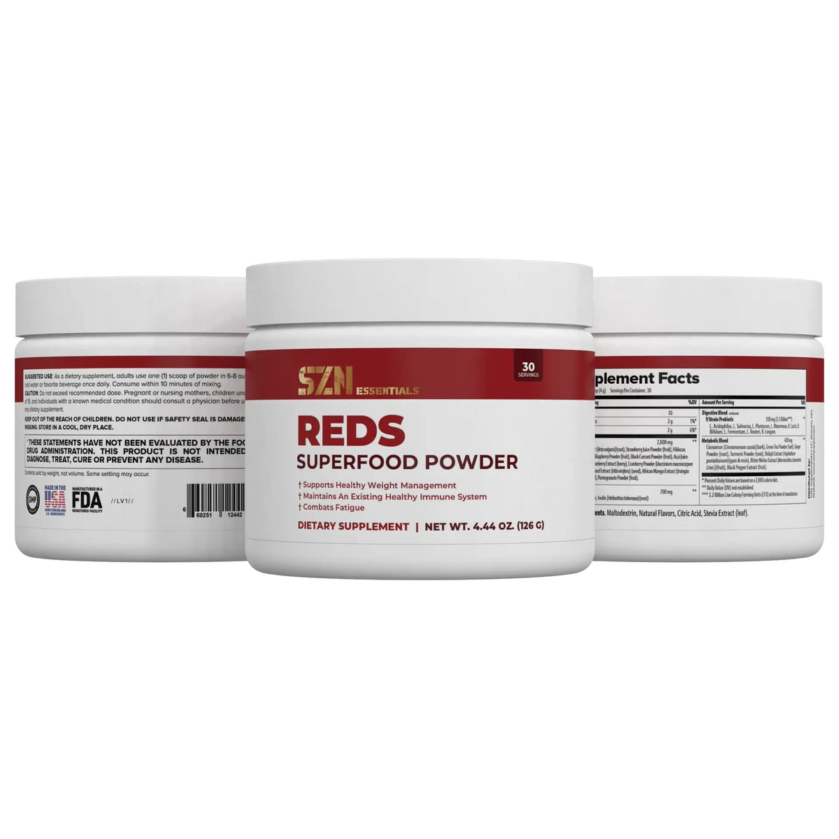 Three containers of S2N REDS Superfood Powder on a white background